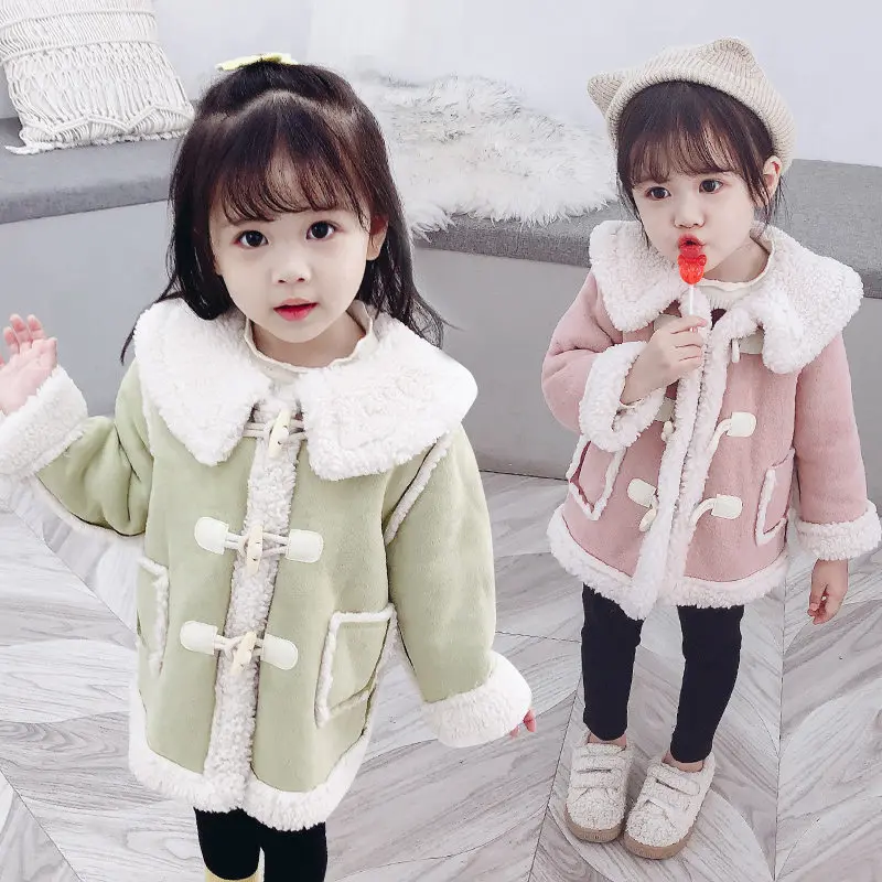 

Winter Jackets Girl Coats Woolen Fur Collar Toddler Girls Outerwear Kids High Quality Deer Fur Solid Lamb Clothes Thick Overcoat