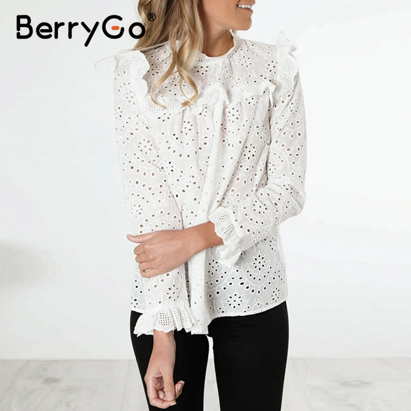 BerryGo, открытая хлопковая белая блузка, женская, винтажная, с рюшами, весна-лето, рубашка, топ, женская, новая, шикарная, модная блузка, рубашка, blusas