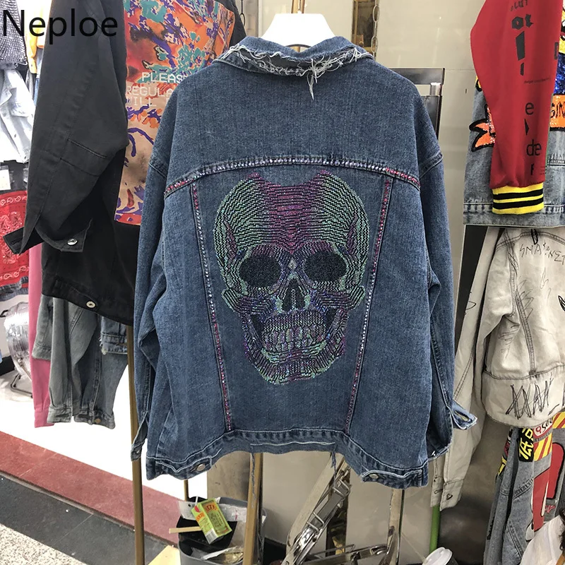 

Neploe Colored Diamond Ghost Casual Demin Jacket Women Loose Single Breasted Cowboy 2020 New Street Heavy Jeans Jacket 54239