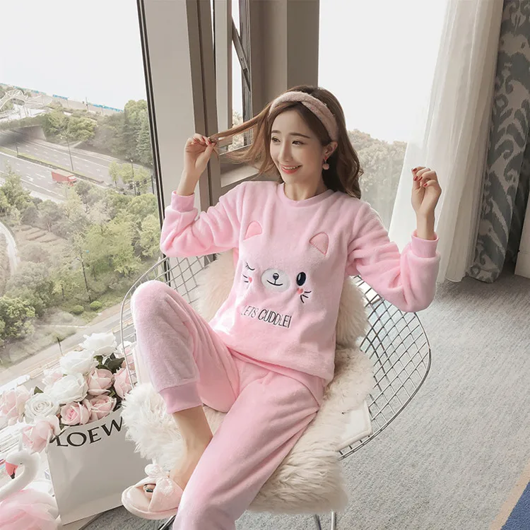 Women Pajama Sets Autumn Winter Pajamas Flannel Cartoon Thick Warm Women Sleepwear Cute Animal Female Homewear