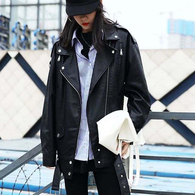 Abrigo de cuero negro para mujer, ropa de calle de longitud media, chaqueta de motociclista de cuero sintético de imitación, abrigos informales S-3XL sueltos Coreanos - AliExpress