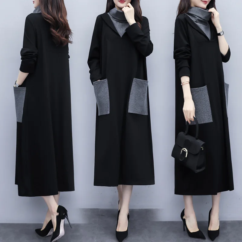 

2019 New Style WOMEN'S Dress Autumn Loose And Plus-sized Long Dress Women's Joint Contrast Color Slimming High Collar Long Sleev