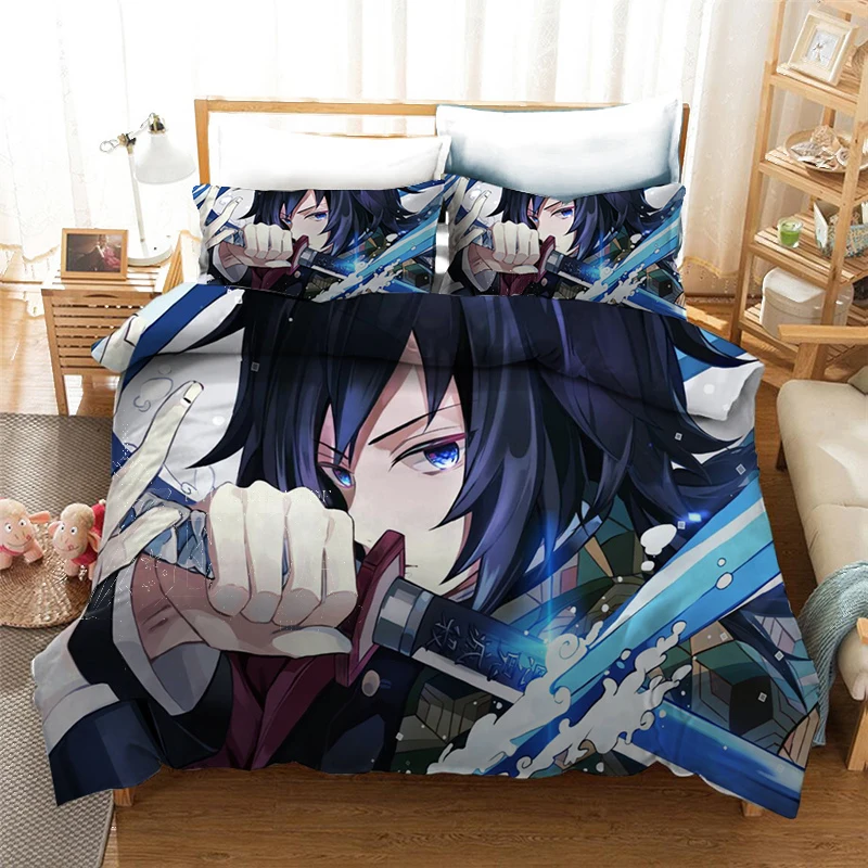 Anime Demon Slayer Conjunto de cama de solteiro 3 peças de desenho animado  3D capa de edredom para meninos decoração de quarto de casa sem  edredom-F_US-Twin172 x 218 cm