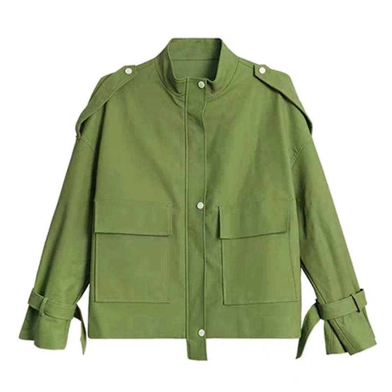 Женская черная и зеленая однобортная куртка из искусственной кожи на молнии со стоячим воротником и карманом, свободная тонкая короткая куртка на осень C0301
