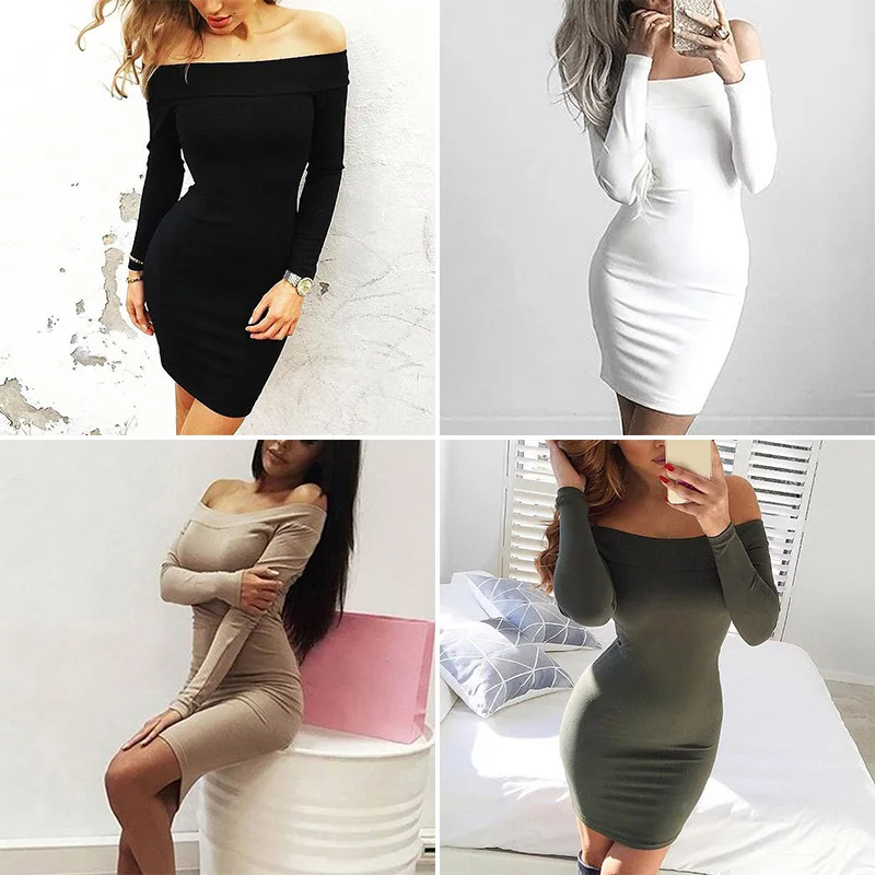 New Ladies Dress Formal Solid Fashion Prom Boat Neck Long Sleeve Casual Clubwear Bodycon Evening Women Dress