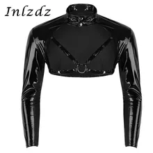 Мужской латексный Топ, нижнее белье, Wetlook, кожаная майка, Топ с длинным рукавом, стоячий воротник, Шипованная мышечная полумайка, сценический сексуальный костюм, топы