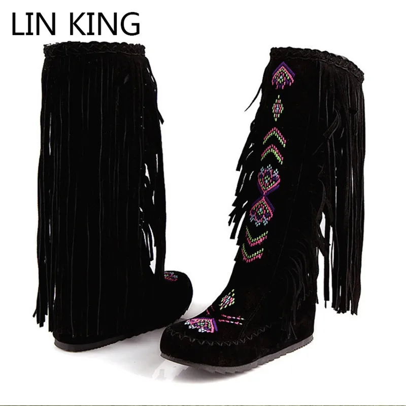 

LIN KING Women Long Boots Warm Fur Winter Motorcycle Shoes Tassels Gladiator Boots Height Increase Knee High Boots Big Size 48