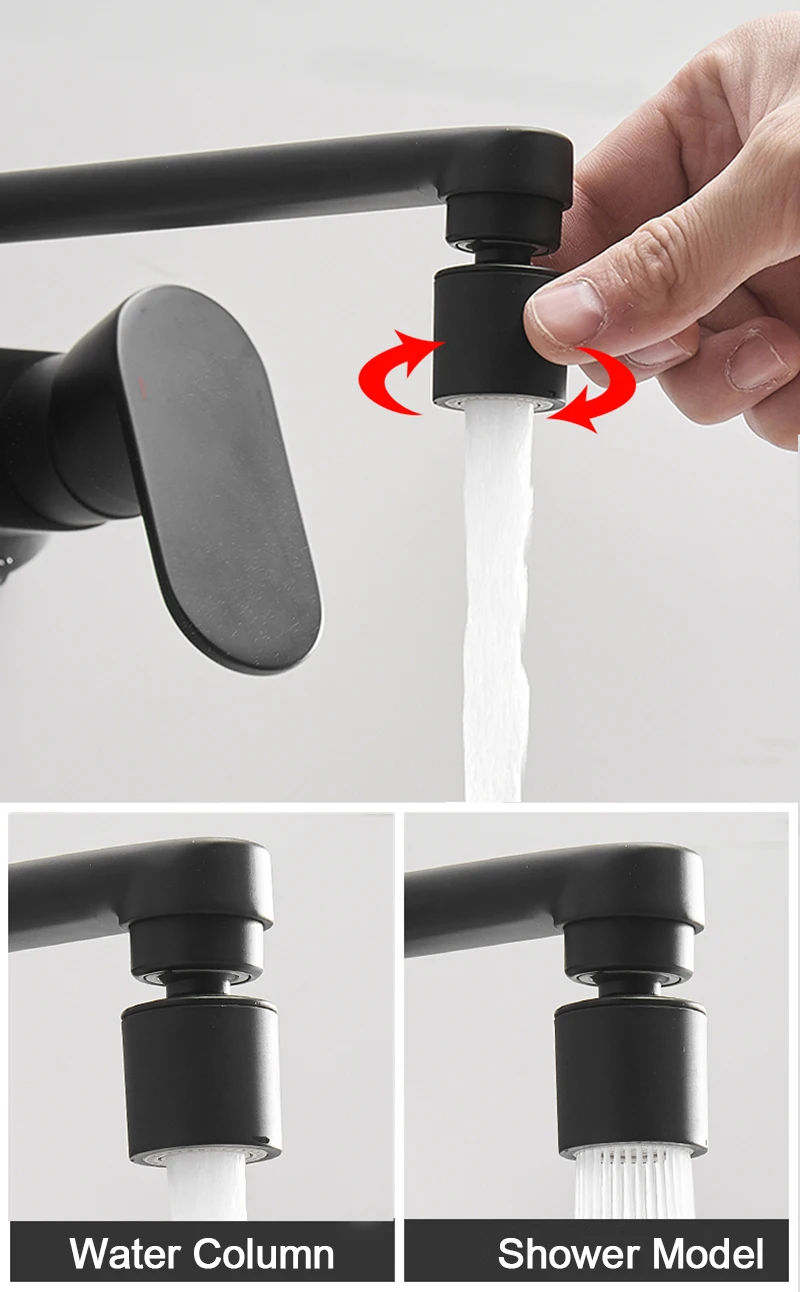 Matte Black Wall Mounted Faucet Pull Down Cold Hot Water Kitchen Taps