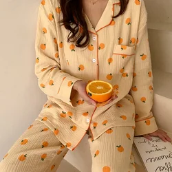 Cotton Home Suits Korean Sleepwear Orange Print Pajamas for Women Autumn Pijama Pyjamas Long Sleeve 2 Piece Set Pjs Dropshipping