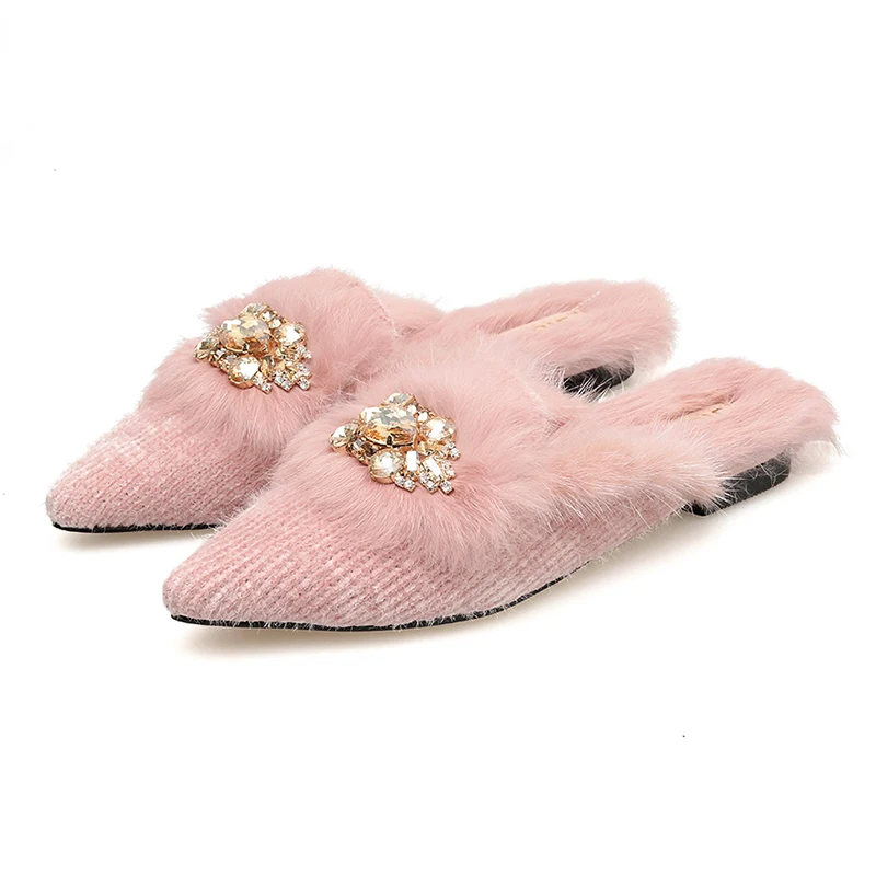 6Pink Стразы; обувь с пряжкой; женская обувь на плоской подошве с мехом; шлепанцы без застежки с украшением в виде кристаллов; Женская Повседневная пушистая домашняя обувь - Цвет: 6Pink
