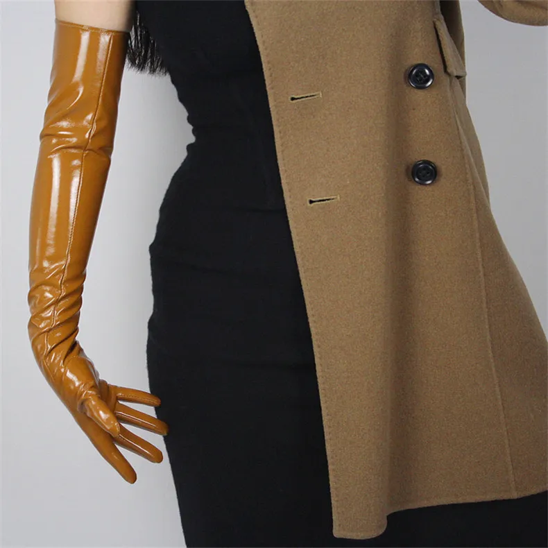 60 см, длинные перчатки из лакированной кожи, удлиненная секция, имитирующая кожу, зеркальный Яркий кожаный яичный желток, имбирный желтый женский WPU69