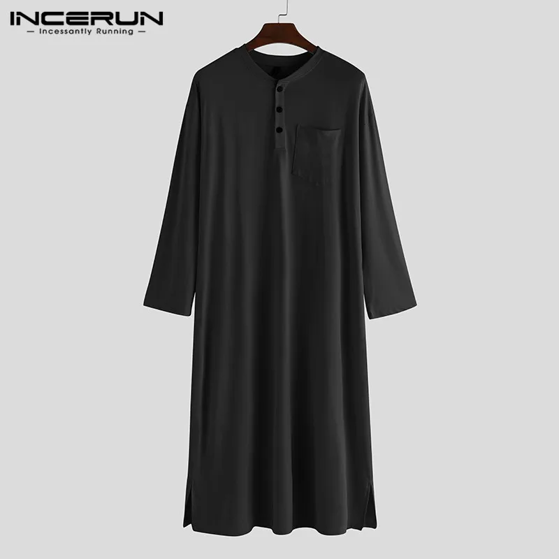 Black INCERUN мужские халаты с длинным рукавом пижамы удобные одноцветные пуговицы Домашняя одежда круглый вырез пуговицы халаты мужские s кафтан, ночное белье - Цвет: Black