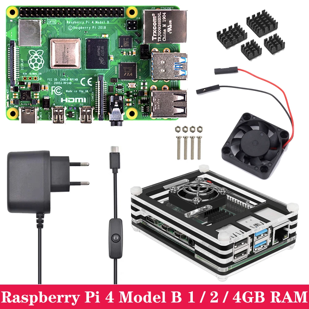 Комплект Raspberry Pi 4, 1 ГБ, 2 ГБ, 4 Гб ОЗУ, акриловый чехол, адаптер питания, радиатор для Raspberry Pi 4, Модель B, 4B