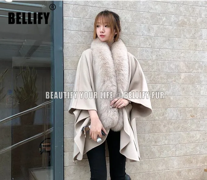 

Hot sale Trendy classic Beige Color Natural fox fur collar Coats outerwear Big size female trench