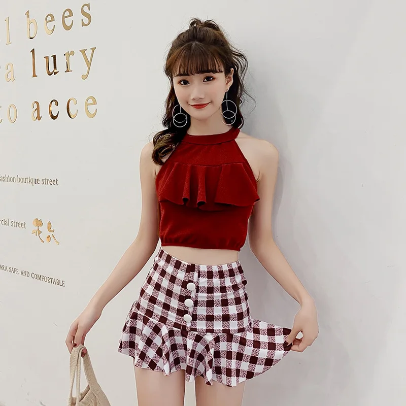 

Japanese Korean of Simple Split Type Two-Piece Skirt Bathing Suit Women's Sweet Graceful Conservative High-waisted Push up Hot S