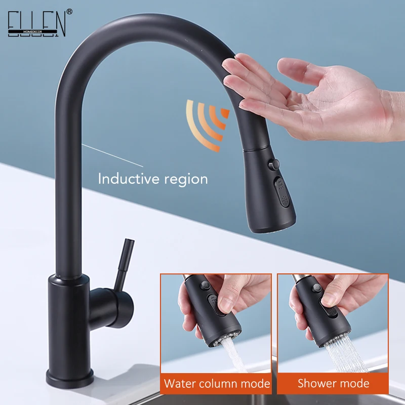 

High-end Touch Kitchen Faucets Pull Out Black Kitchen Mixer Tap Sensor Faucet Swivel 360 Degree hot and cold Water Taps ELK5409