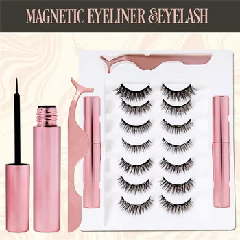 

New 7 Pairs Magnetic Eyelash Set Double Magnet Liquid Eyeliner & Magnetic Eyelashes and Tweezers Set 3D Lasting Mink Eyelashes