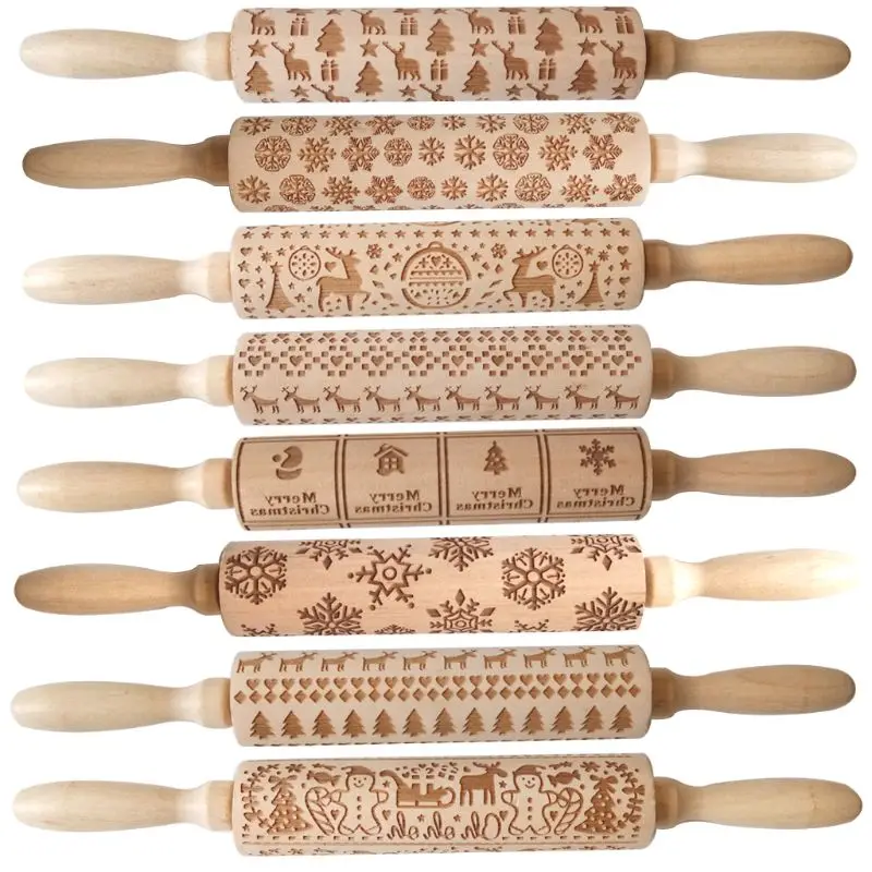 

Christmas Embossing Rolling Pin Baking Cookies Noodle Biscuit Fondant Cake Dough Engraved Roller Reindeer Snowflake 35cm