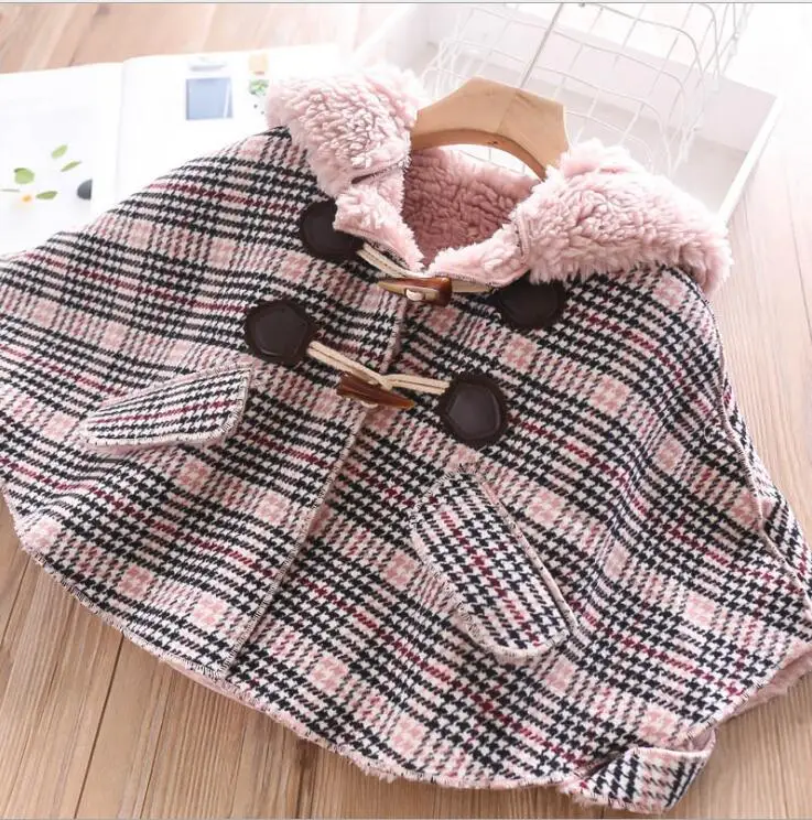 

2019 Winter Plaids Fleece Hooded Cape For baby Girls, Children Fashion Cloak Wholesale, 5 pieces/lot