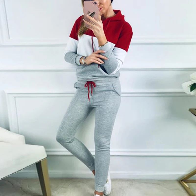 

2pcs Set Women Hoodies Tracksuit Tops+pants Set Warm Patchwork Color Clothes Slim Elastic Waist Sports Jogging Sweatsuit Female