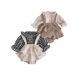Vintage Baby Girl Overall Shirt Set Clothes Autumn Linen Girls Floral Blouss , Romper , Dress Newborn Baby Girls Strap Outfits