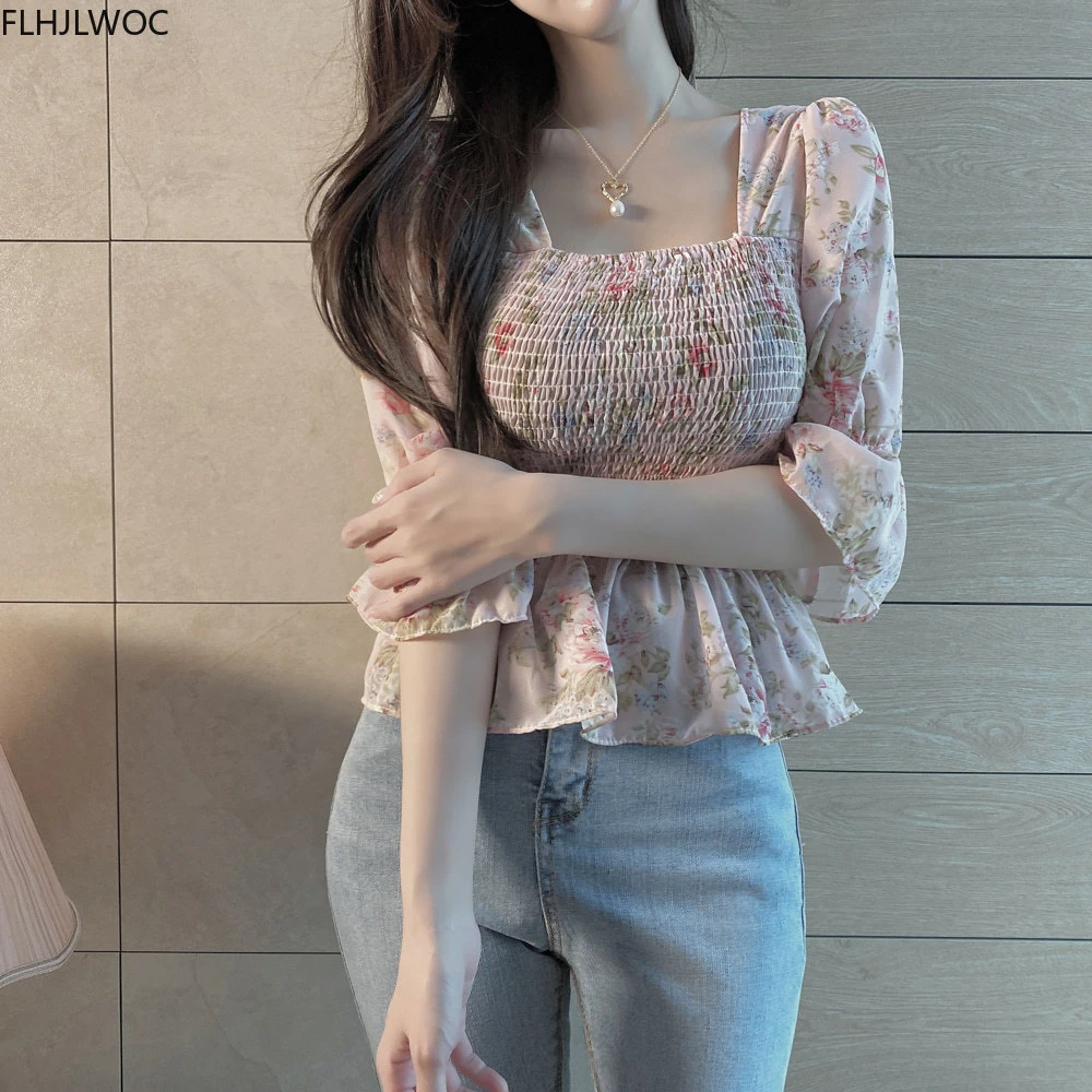 Umeki Exquisito Jirafa Top corto y elegante para mujer, blusa estilo coreano japonés, Flhjlwoc,  rosa, Floral, con volantes, Vintage|Blusa| - AliExpress