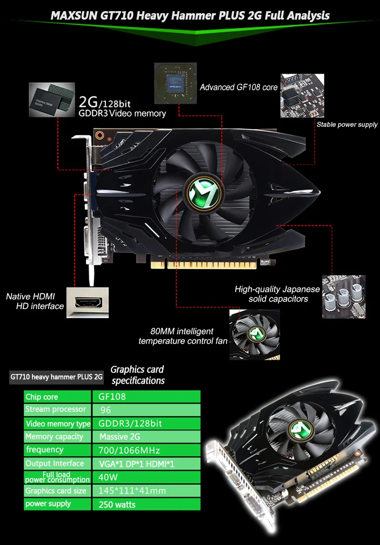 MAXSUN GT710 Heavy Hammer PLUS 2G DDR3 Independent Gaming Desktop Graphics Card. Suitable For Desktop Game Display graphics card for desktop