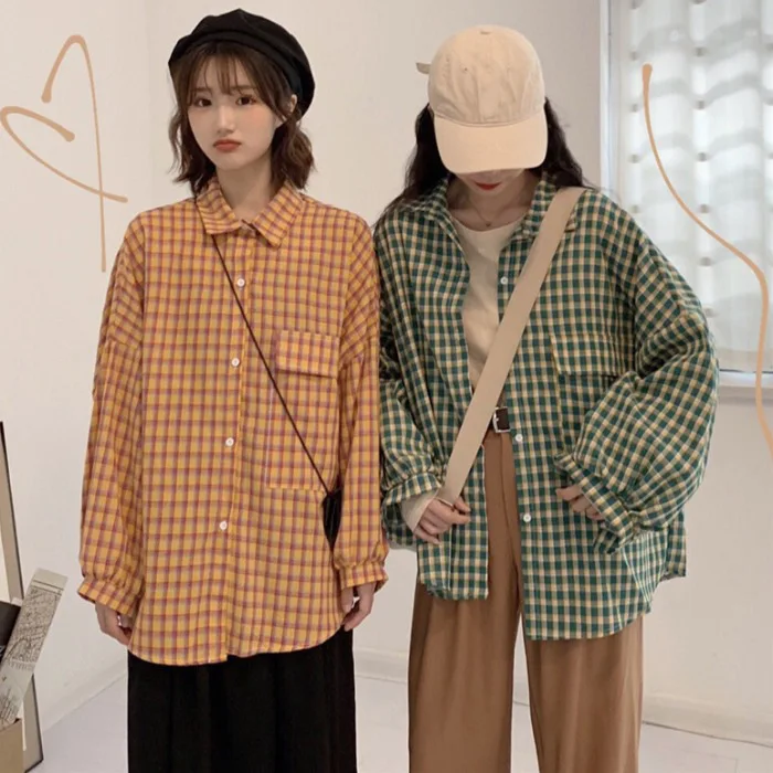 Autumn New Net Red Plaid Long Sleeve Shirt Women's Korean Retro Air Loose Lantern Sleeve Shirt Coat