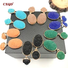 CXQD Minimalistic Fashion Alloy Gold Plating Circle Oval Shape Imitation Resin Druzy Stone Earrings For Women Female Jewelry