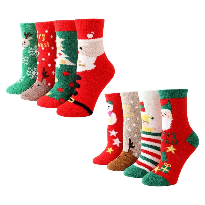 4 пары женских рождественских пушистых носков, толстые плюшевые теплые тапочки, чулочно-носочные изделия, подарок 40JF