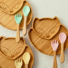 

Wooden Dinner Plate Baby Feeding Bamboo and Wood Tableware Free BPA Feeding Waterproof Spoon Non-slip Tableware Baby Products