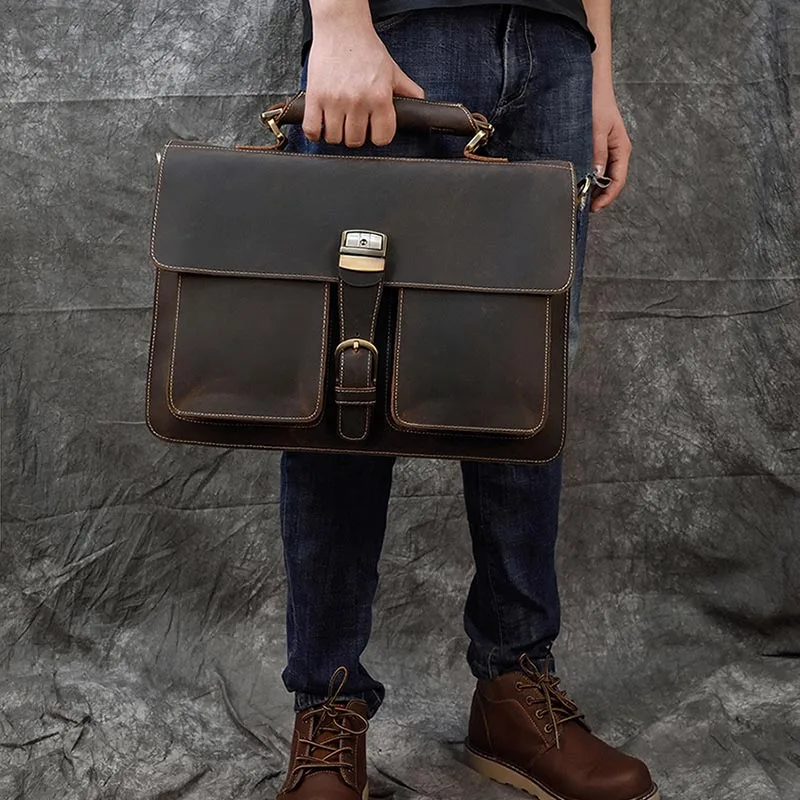 Men's Briefcase Genuine Leather Vintage Business Bag Cowhide 15 Inch