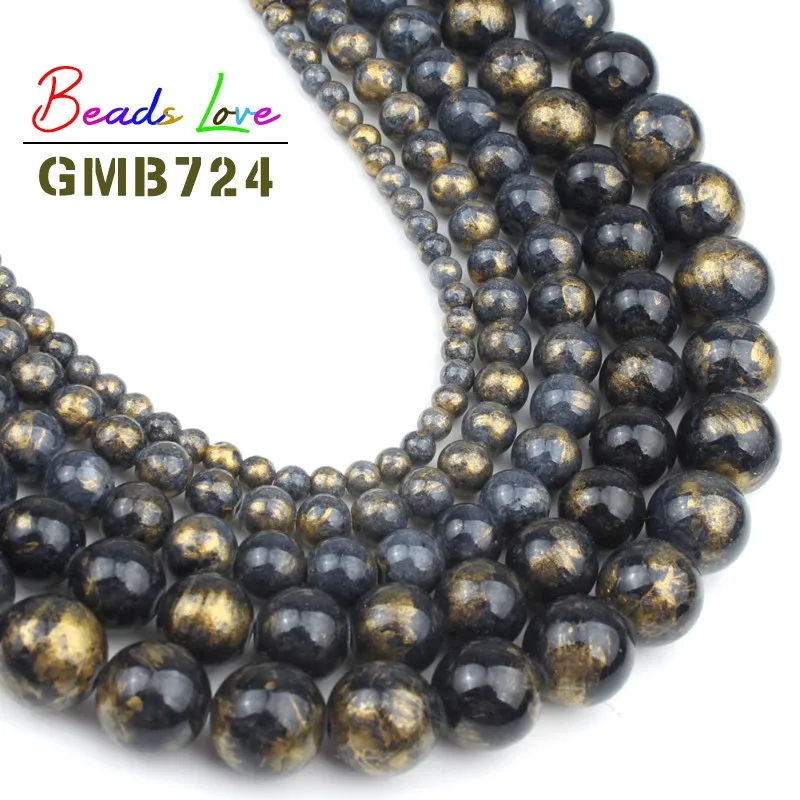 

Natural Stone Black Gold Color Jades Round Loose Beads 4 6 8 10 12MM Diy Bracelet Necklace For Jewelry Making Wholesale 15 Inch