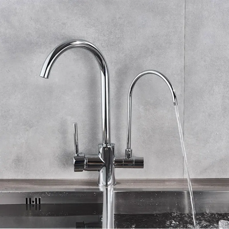 Filter Kitchen Faucets Dual Swive Spout Deck Mounted Mixer Tap 360 Rotation With Water Purification Features Crane Dual Handle