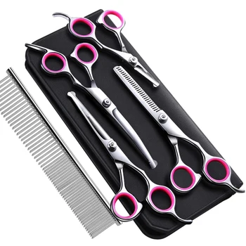 

Pet Dog Beauty Scissors 6-Piece Set with Safe Round Head Flat Shear Teeth Shear Warping Shear Bending Shear Straight Row Comb Ha