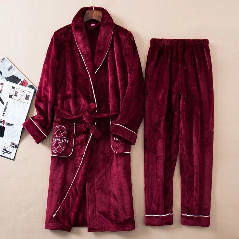 Winter Thicken Pajamas Set Women Robe Flannel Sleepwear 2PCS Robe&Pajamas Suit Lovers Kimono Gown Coral Fleece Warm Home Clothes