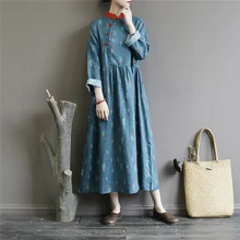Johnature платье в китайском стиле для женщин, льняное платье-рубашка с длинным рукавом и стоячим воротником, Новинка осени, винтажное высококачественное женское платье-рубашка