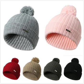 

Skullies Beanies Winter Hats For Children Solid Caps New Hot Sale Warm Beanie Hat Knitted Bonnet With Pompom Kniiting Turban Cap