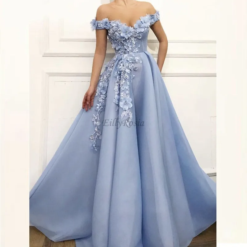 

Dusty Blue Elegant Prom Dresses Off the Shoulder 3D Flowers Beads Celebrity Engagement Dress for Girls Pageant Gowns Fluffy
