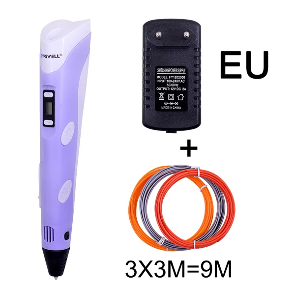 Purple EU Myriwell RP-100B 3D Ручка DIY 3d принтер печатная ручка с основанием/адаптер питания/9 м 1,75 мм PLA нить для детей дизайн живопись - Цвет: Purple EU