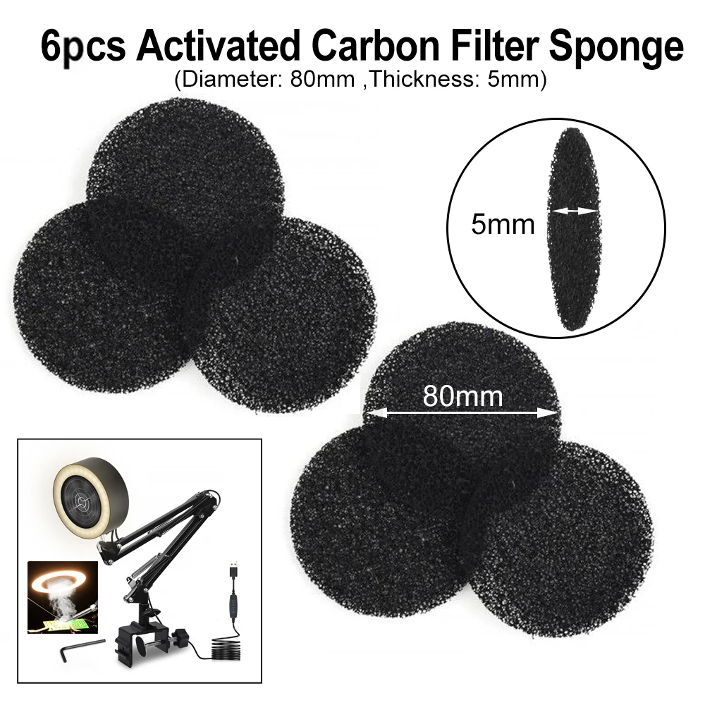 NEWACALOX 6Pcs Activated Carbon Filter Sponge for Purify Air Absorb Small Particles of Dust Welding Fume Extraction Round/Square hot air station