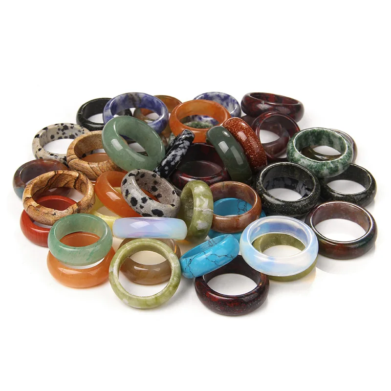 7 8mm Width Random Natural Stone Ring Turquoises Agates Finger Rings ...