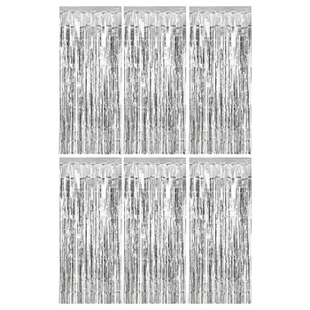 

6 Pack Curtains Backdrop Fringe Curtain Photo Backdrop for Wedding Birthday Party Stage Decor (Silver)