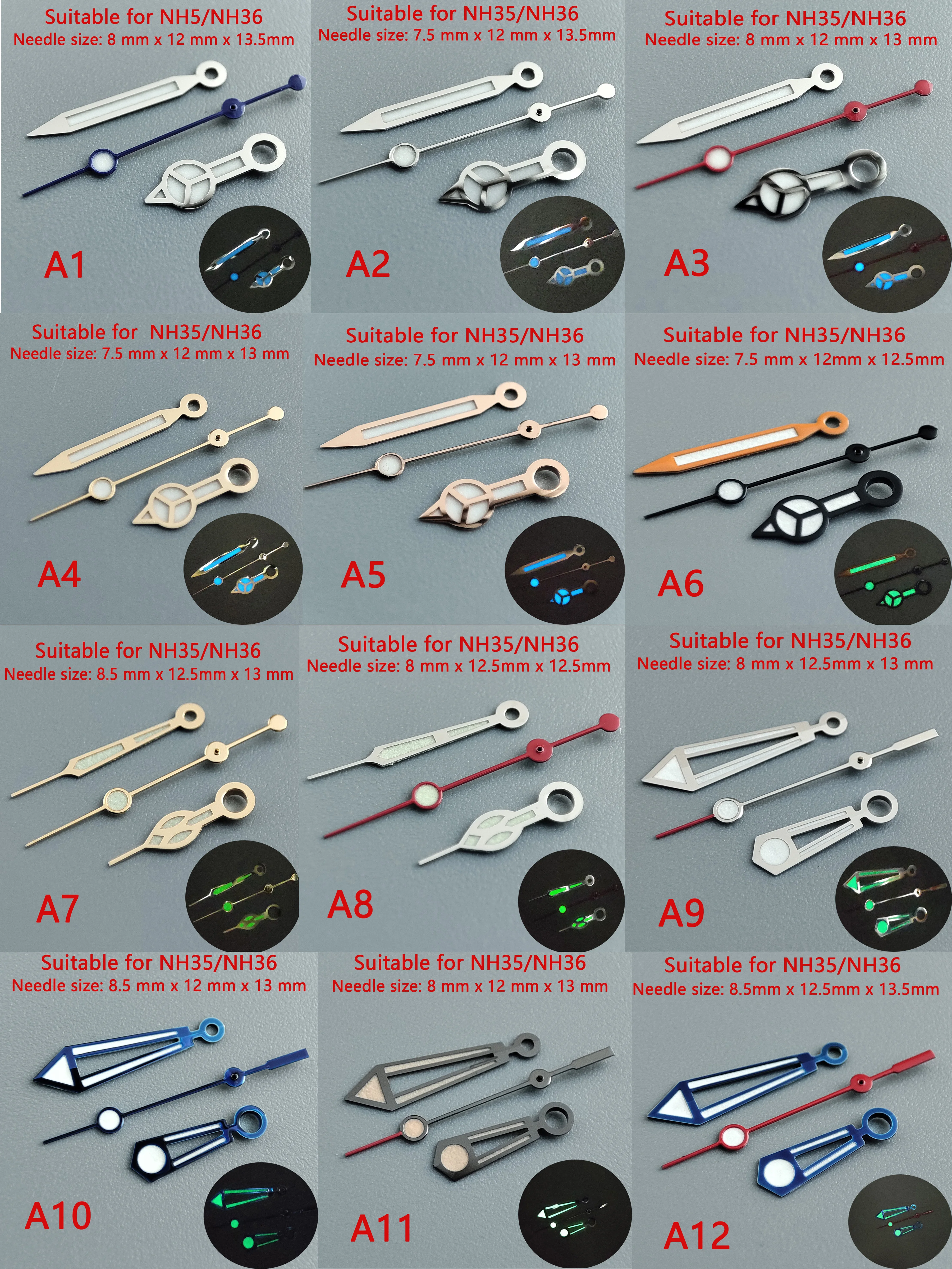 

Watch Accessories Watch Pointer NH35 Hands Pointer Watch Hands Green Super Luminous, Suitable For NH35, NH36 Movement A1~A83