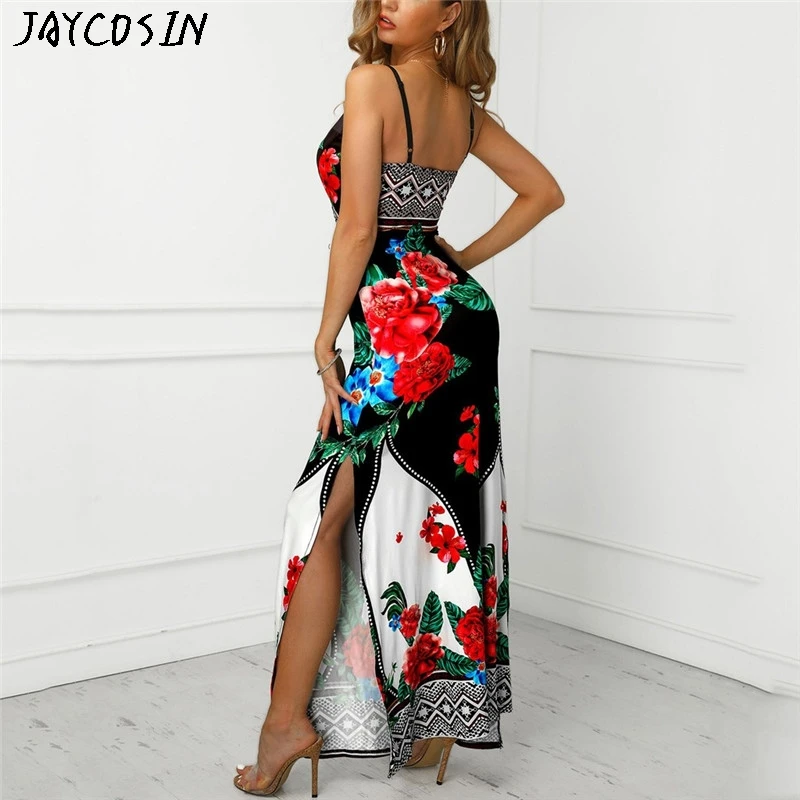 JAYCOSIN, новинка, красивые платья, модные женские платья с v-образным вырезом, без рукавов, цветочный принт, открытая вилка, подол, слинг, бохо платье, Jurk Vestidos Drop