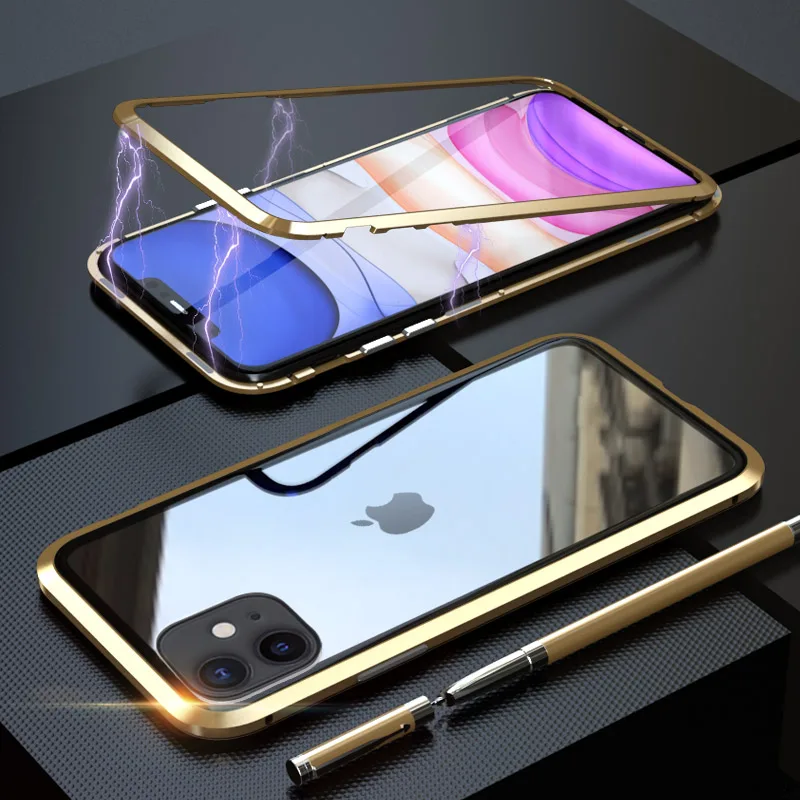 Gold Магнитный адсорбционный металлический чехол для телефона для iPhone 6, 6s, 7, 8 Plus, двухсторонний стеклянный Магнитный чехол для iPhone 11 Pro, X, S, чехлы для MAX XR - Цвет: Gold