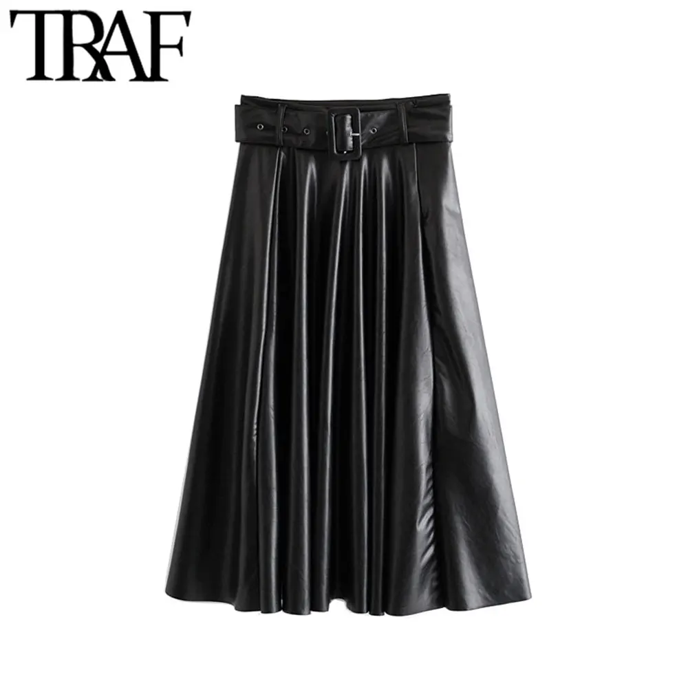 

TRAF Women Faux PU Leather With Belt Midi Skirt Vintage Fashion A Line Side Zipper Office Wear Skirts Casual Faldas Mujer