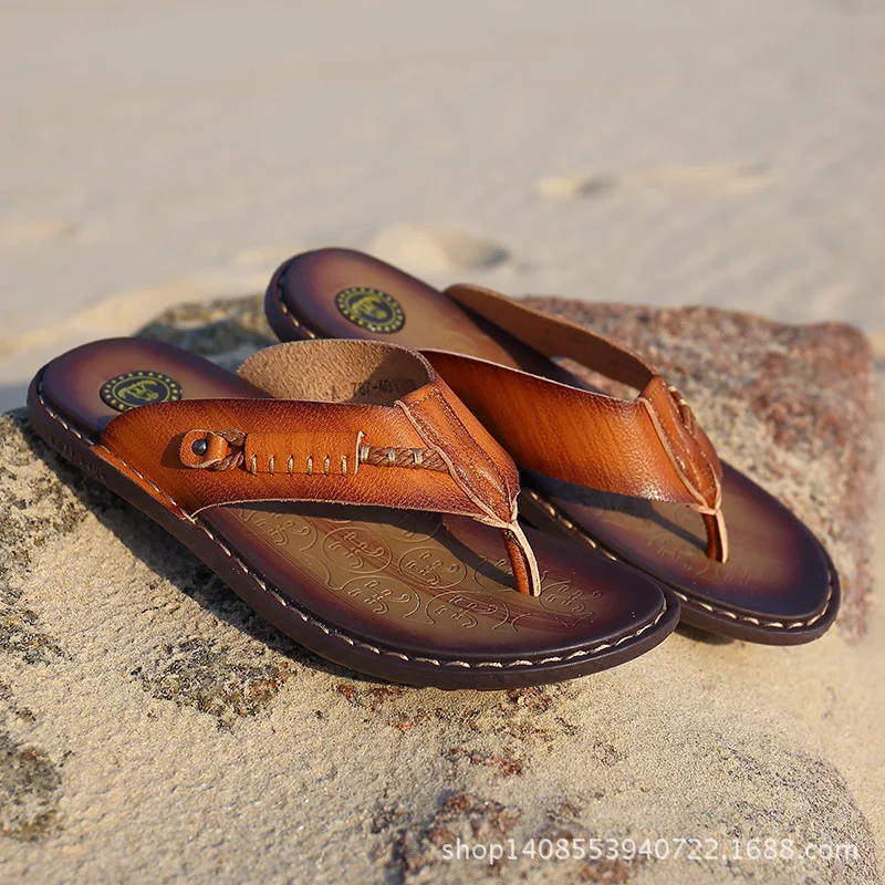 

Summer Plus-sized Mens Slippers Footwear Cowhide Flip Flops Genuine Leather Split Toe Slipper Men