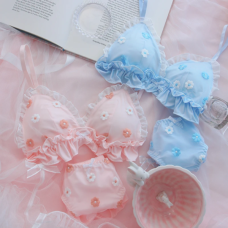 

Erotic Lingerie Underwear Set Sweet Lace Strap Cotton No Steel Ring Bralette Cute Soft Girl Flower Embroidery Bra Panties Suit