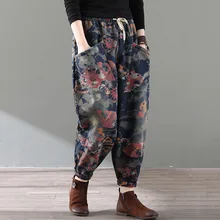 Зимние джинсы из плотного флиса теплая Для женщин свободные джинсовые штаны новые с эластичной резинкой на талии и принтом в стиле ретро, брюки, подходящие для любого размера